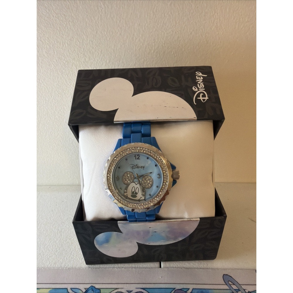 Disney Mickey Mouse Women Blue MOP Crystal Bezel Watch Accutime DIS2361BX New